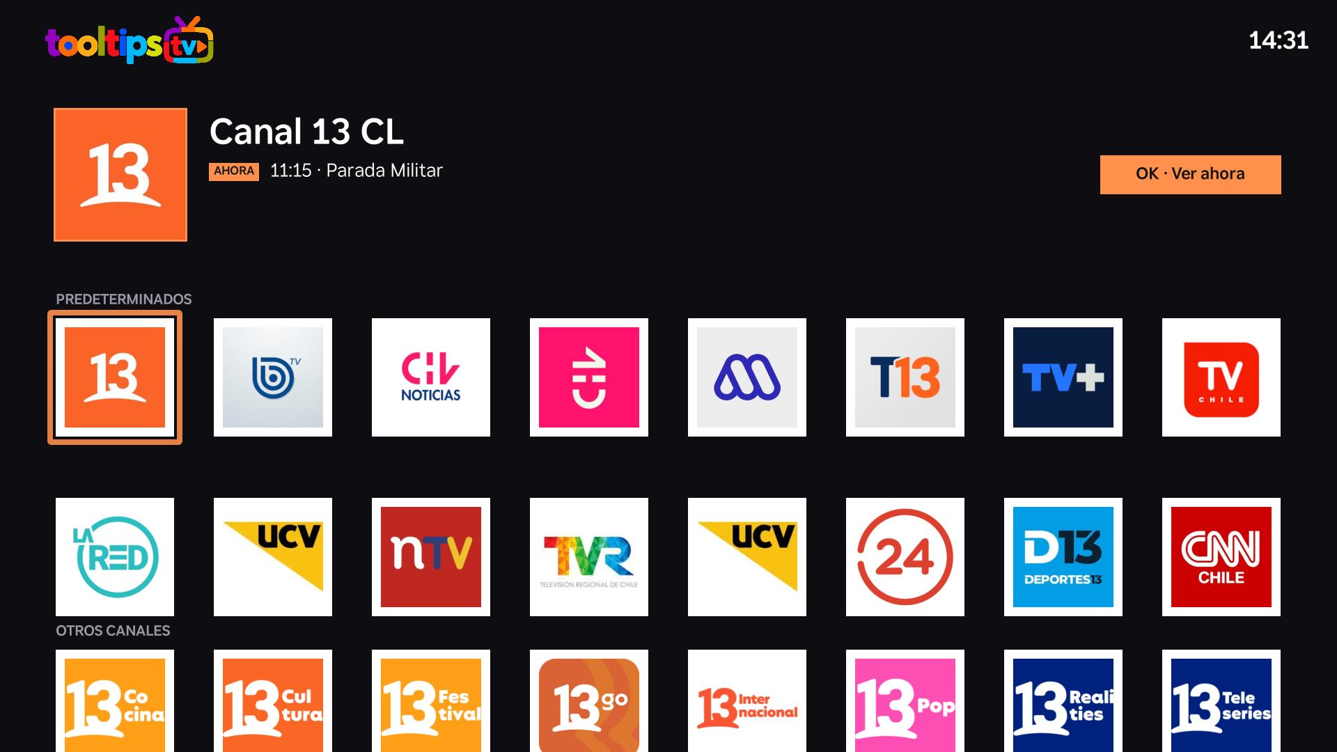 Parrilla de Tooltips TV: arriba el canal enfocado con su logo, nombre y el programa en emisión; debajo la grilla de canales con sus logos.